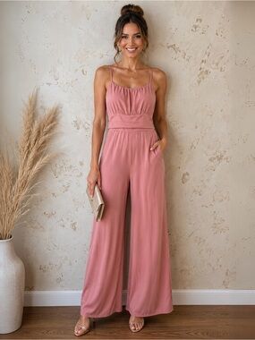 Boutique Coral Wide Leg Jumpsuit Open Back Pockets Flowy M